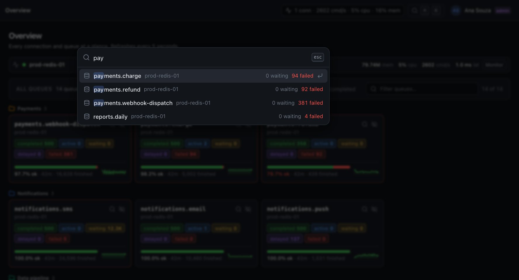 Command palette listing queues matching 'pay' with waiting and failed counts