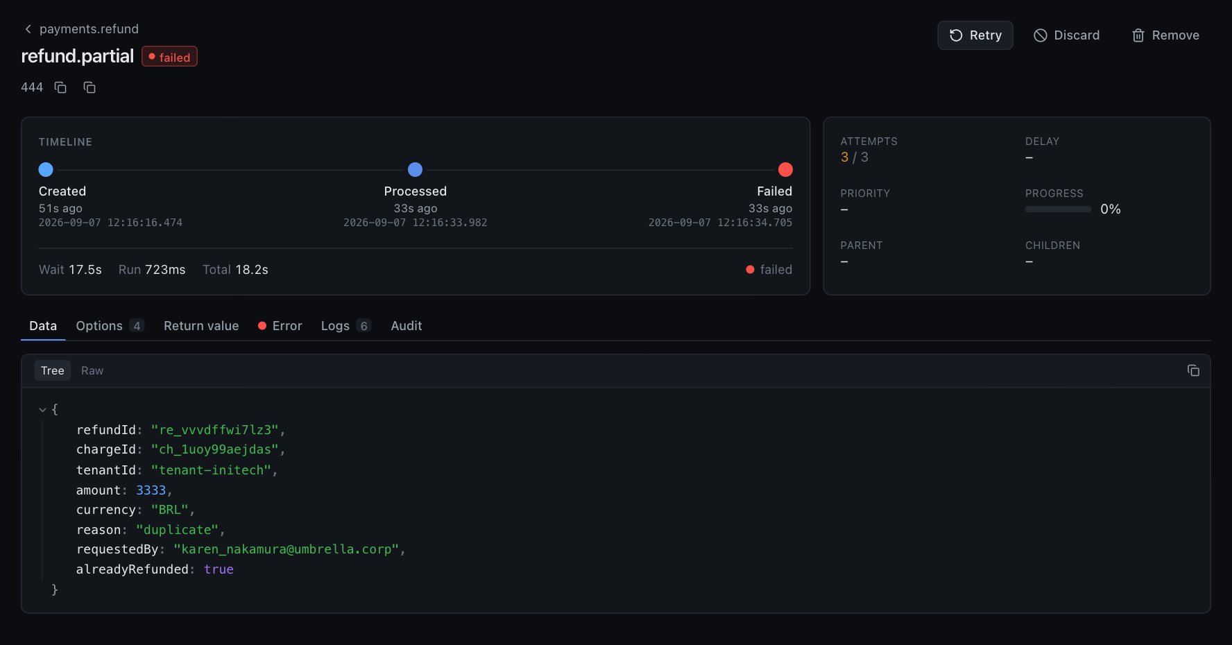 Job page: timeline, attempts, data tree, tabs for options, return value, error, logs and audit