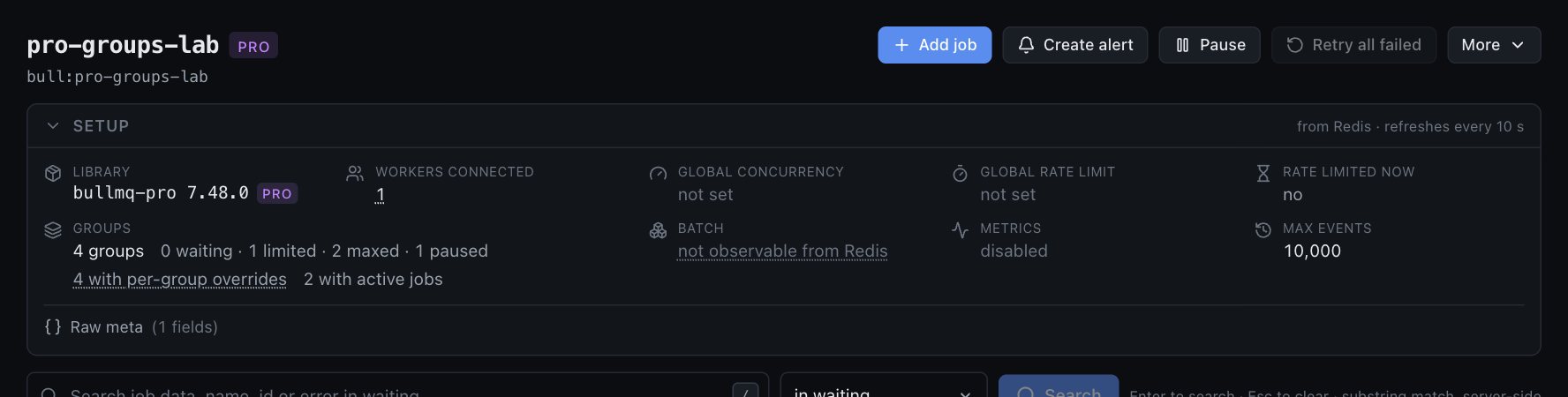 Queue setup panel showing bullmq-pro 7.48.0, workers connected, concurrency, rate limit and group settings read from Redis